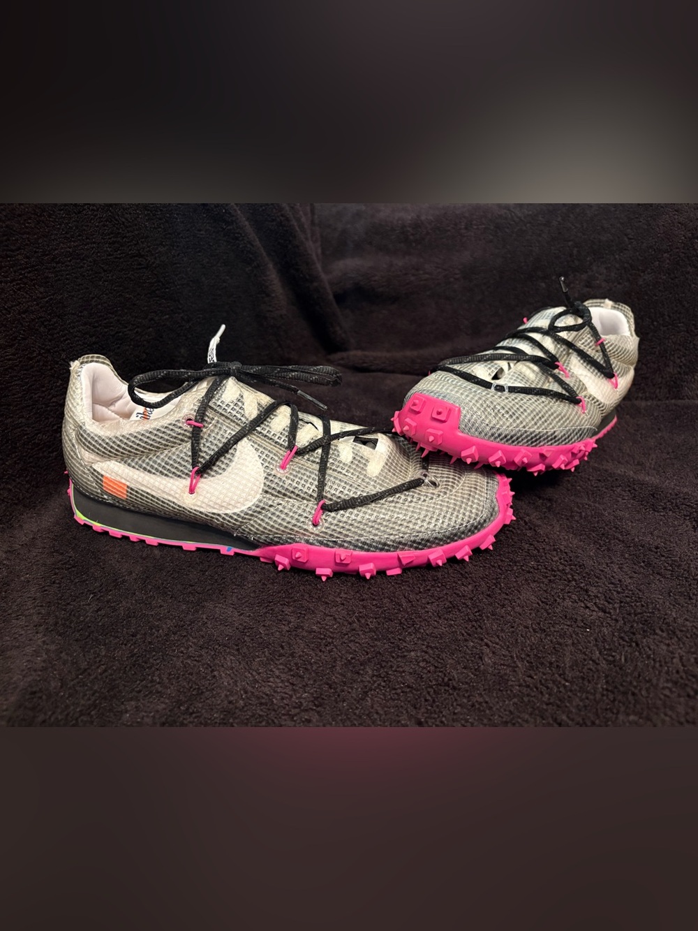 Off-White x Nike Waffle Racer Black White Laser Fuchsia Womens 11.5 Men’s 10 EUC